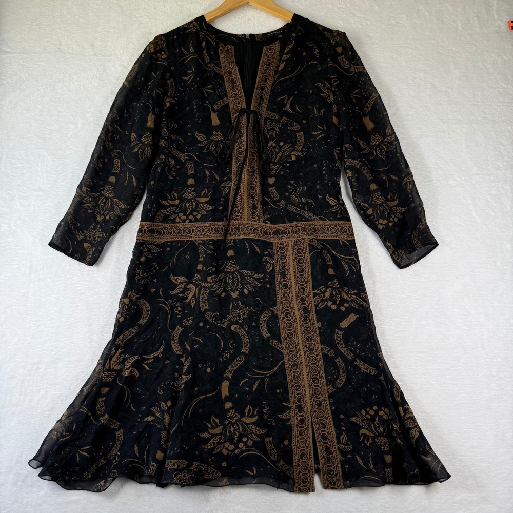 Barbara Bui Black Gold Silk Paisley Chiffon Dress V-Neck Tie Ruffle Hem Size 40